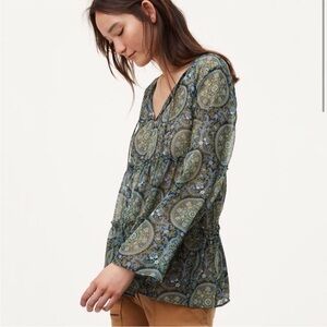 Loft Medallion Boho Bell Sleeve Blouse, Main Colors are Blue and Green, Size M